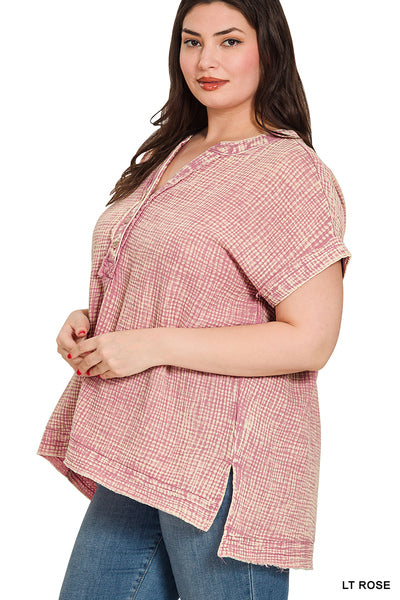 Light Rose Washed Double Gauze 3/4 Button Henley Neck Shirt {RTS}