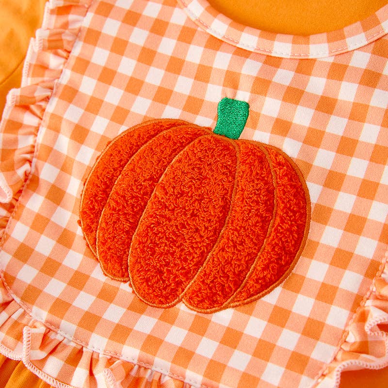 Ready to Ship: Girls Halloween Pumpkin Chenille Patches Orange Long Sleeves Dress