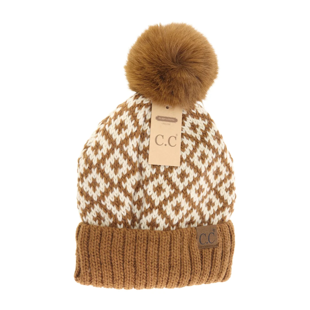 Fuzzy Lined Diamond Patterned Faux Fur Pom C.C Beanie {RTS}