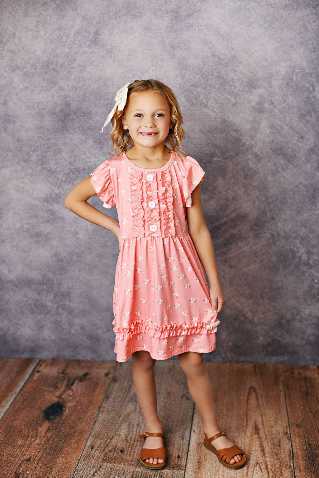 Kids Dainty Coral Floral Ruffle Button Spring Easter Dress