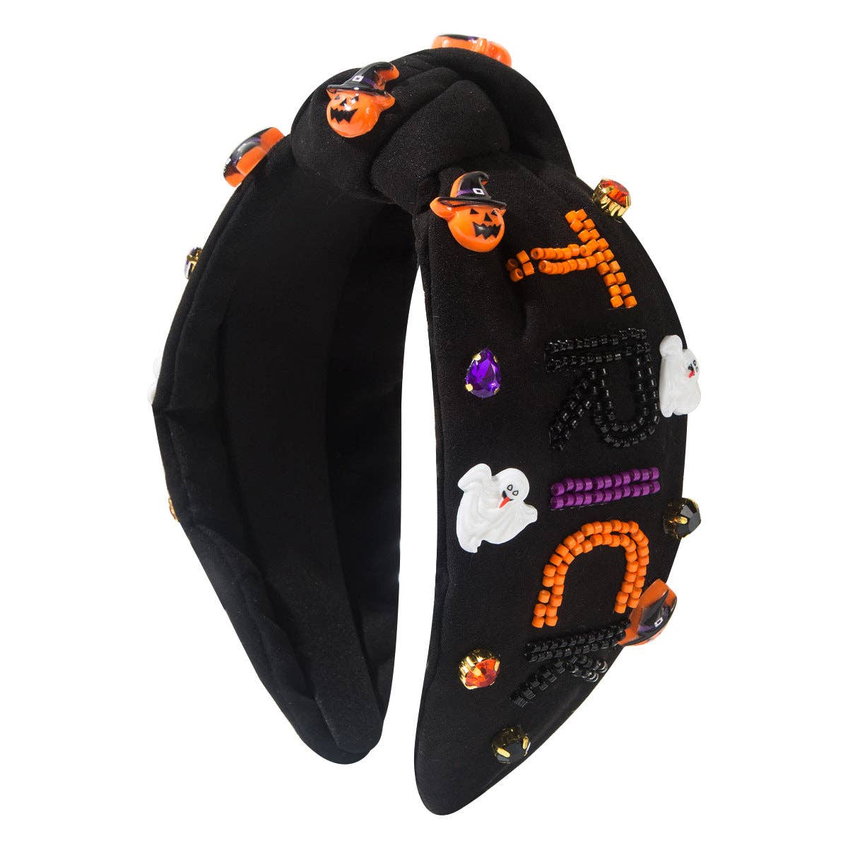 Halloween Fall Pumpkin Treat Skull Headband Seed Beads Rhinestones Pearl Knot