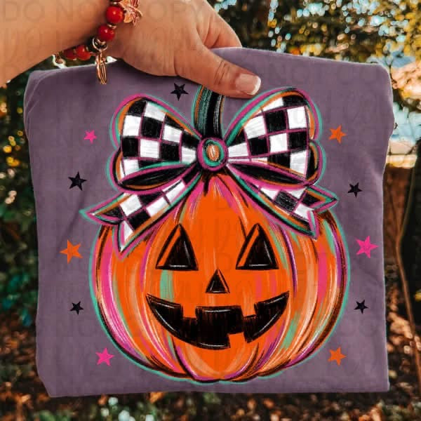 Pre-Order: Halloween Tees Black/White Checkered Bow Pumpkin