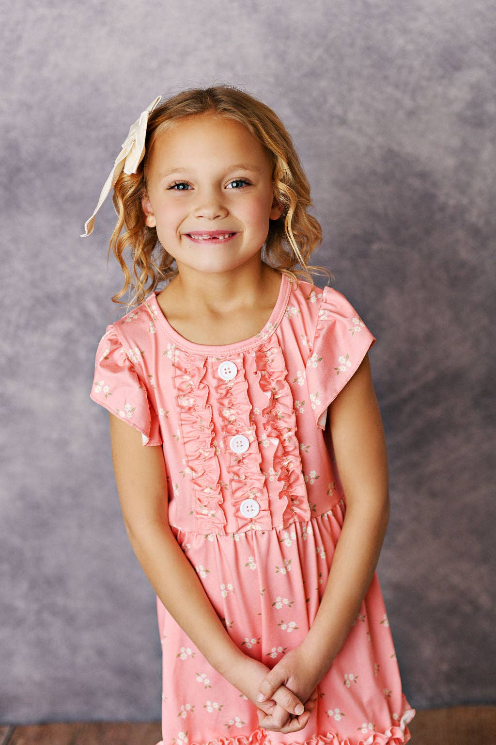 Kids Dainty Coral Floral Ruffle Button Spring Easter Dress