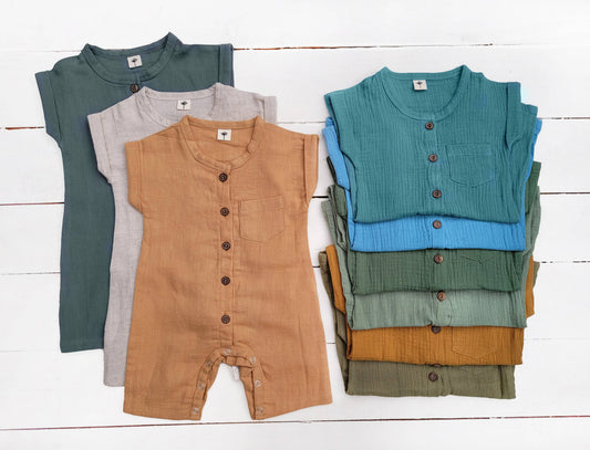 Baby boys Romper Jumpsuit button front boho SAMI {RTS} - Salt Threads