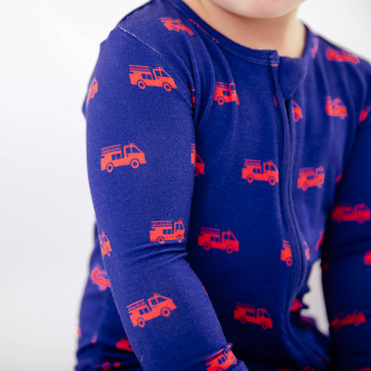 Hometown Heroes Firetruck Baby Bamboo Convertible Footie - Navy {RTS} - Salt Threads