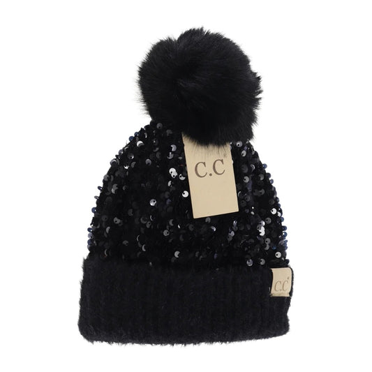KIDS Cluster Sequin Faux Fur Pom C.C. Beanie Black - Salt Threads
