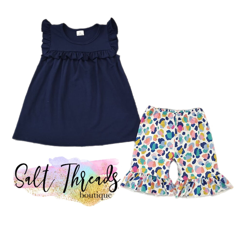 Navy Pearl and Color Leopard Shorts set {Ready to Ship}