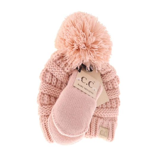 Baby Solid Knit Pom CC Beanie with Mitten Set {RTS} - Salt Threads