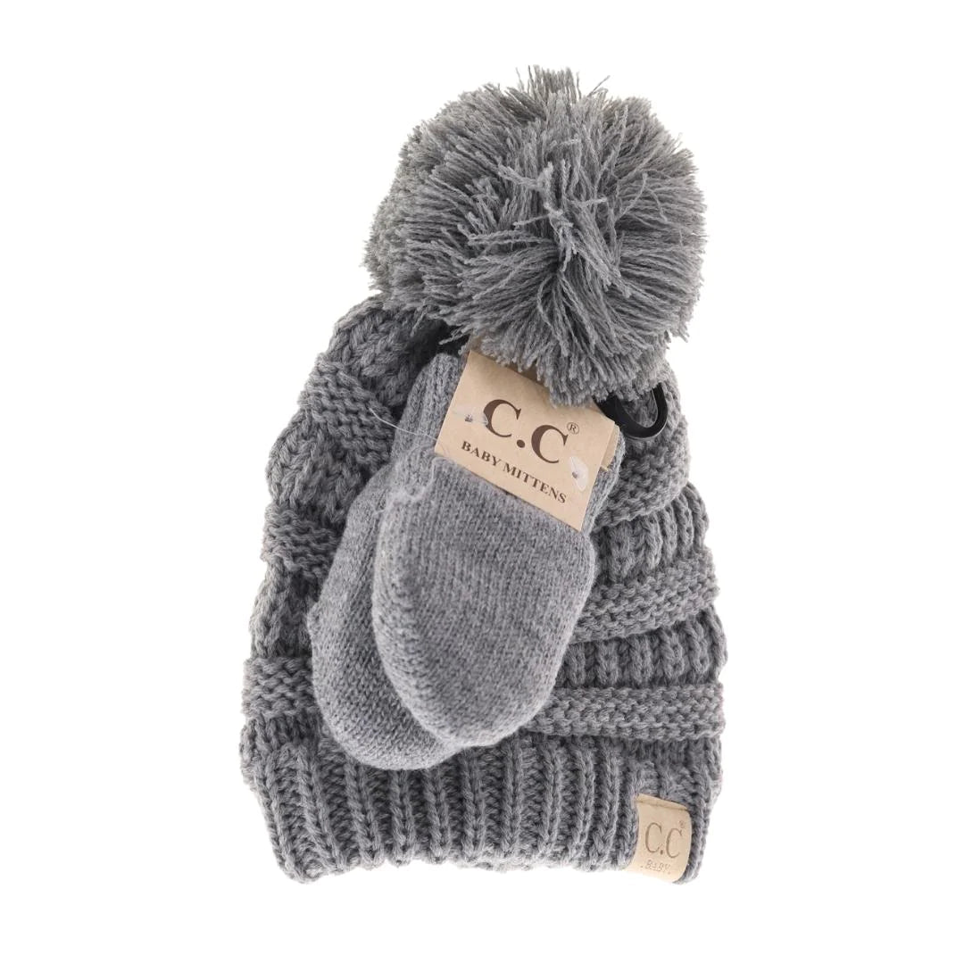 Baby Solid Knit Pom CC Beanie with Mitten Set {RTS}