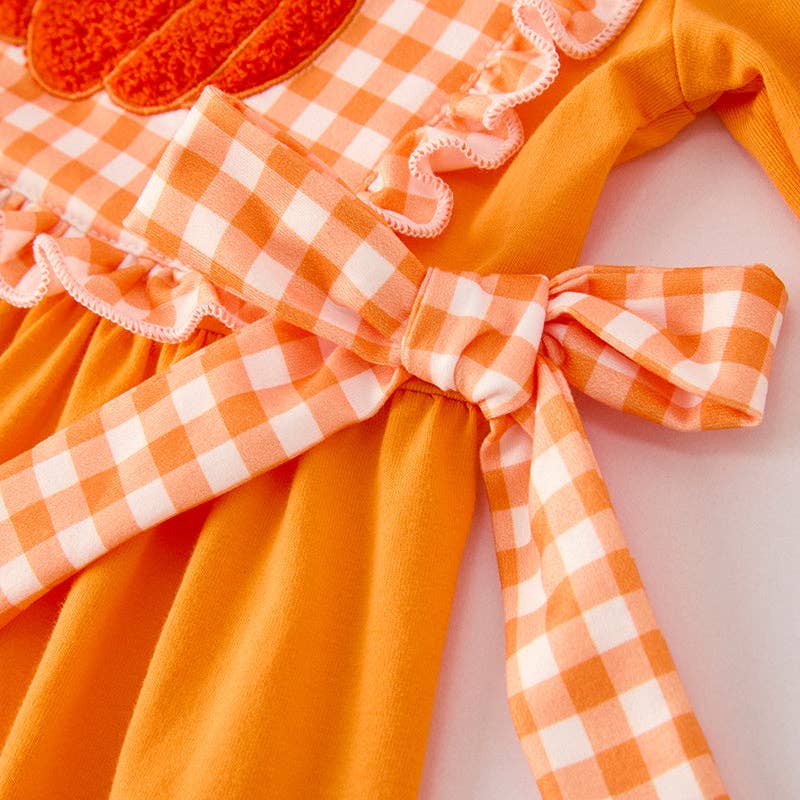 Ready to Ship: Girls Halloween Pumpkin Chenille Patches Orange Long Sleeves Dress