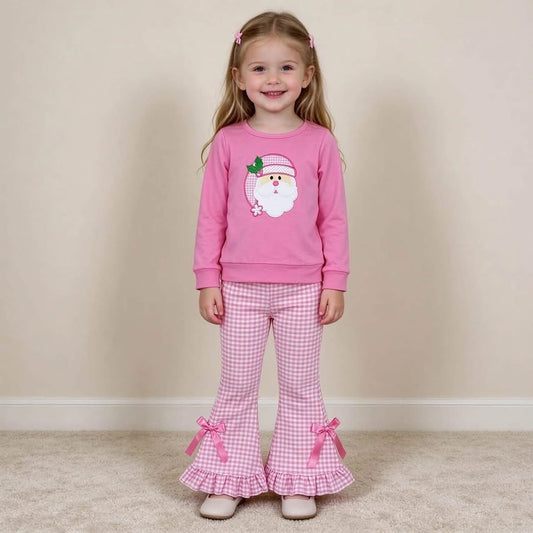 Pre-Order: Pink Santa Long Sleeve Top & Ruffled Flare Set