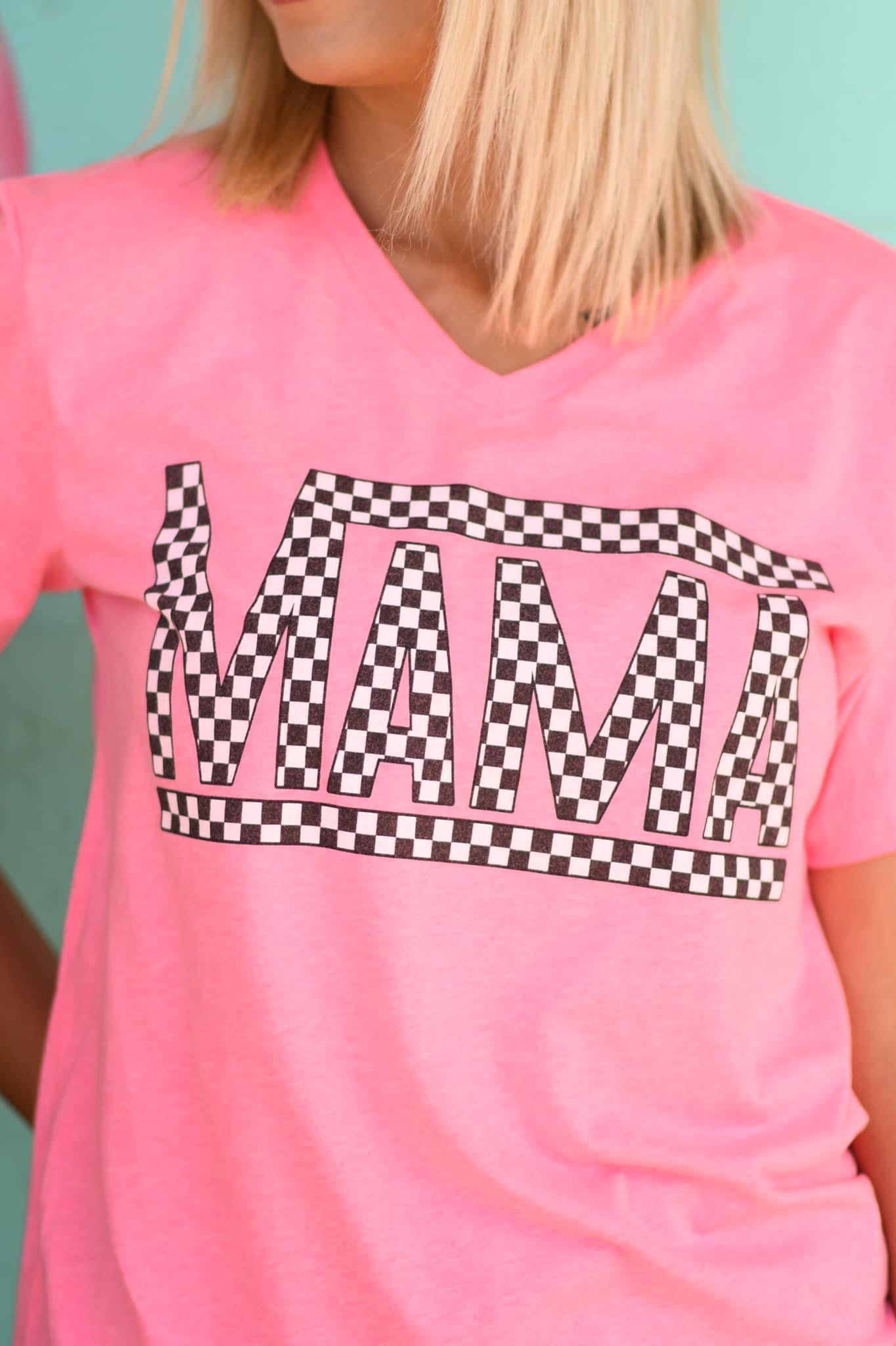 Mama Black Checkered VNeck TShirt