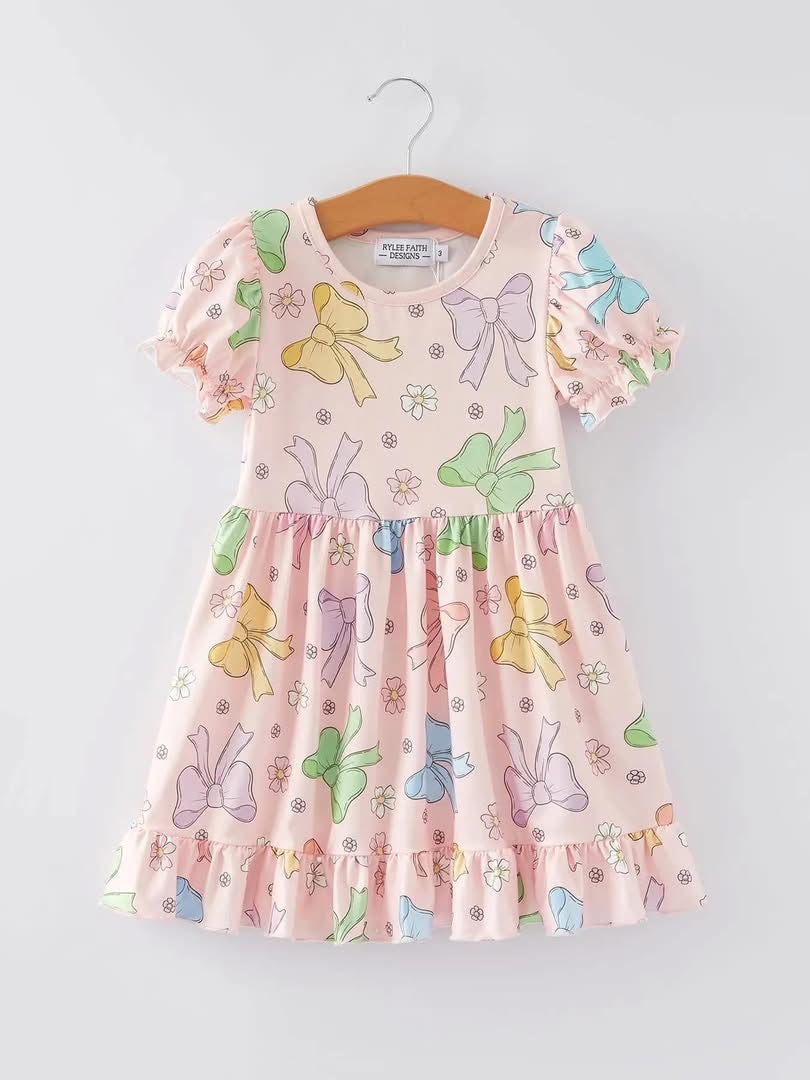 Colorful Bow Print Ruffle Dress {RTS}