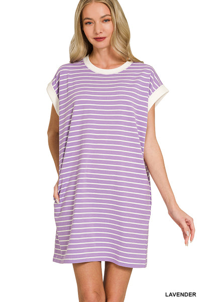 Incoming Pre-Order: Contrast Trim Striped T Shirt Dress - Lavender
