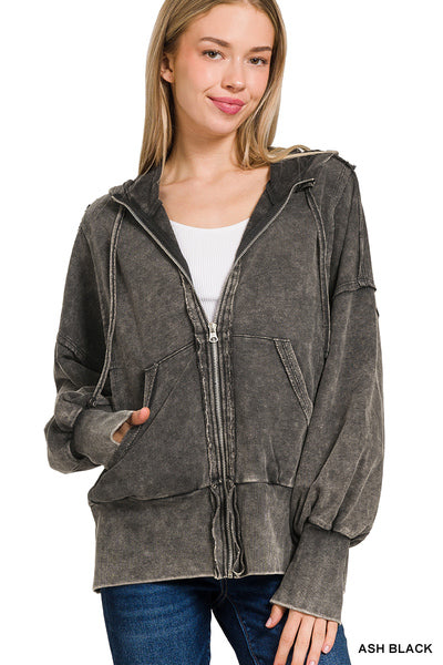 Acid Washed French Terry Zip Up Hoodie with Pockets {RTS}