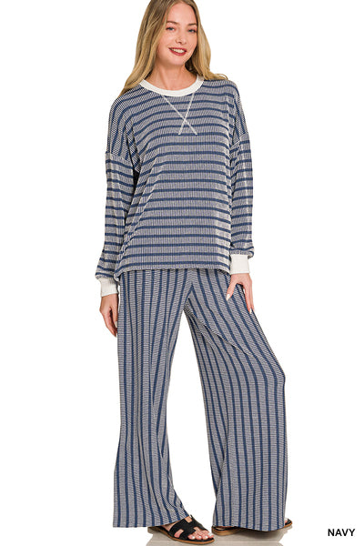 Incoming Pre-Order: Raised Rib Striped Pullover & Pant Set - Navy