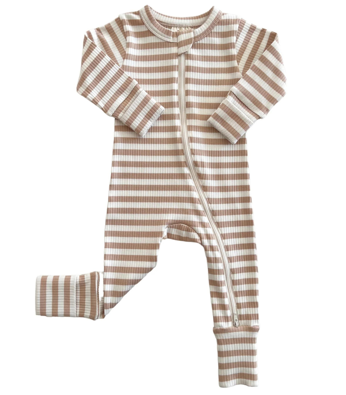 Tan Stripe / Organic Ribbed 2-Way Zip Romper (Baby - Kids) {RTS} - Salt Threads
