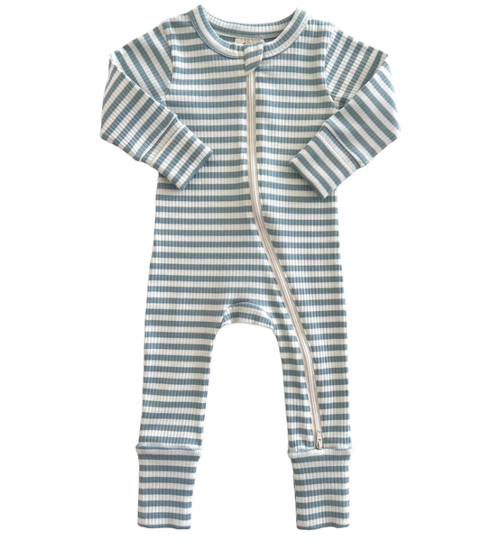 Dusty Blue Stripe / Organic Ribbed 2-Way Zip Romper (Baby){RTS} - Salt Threads