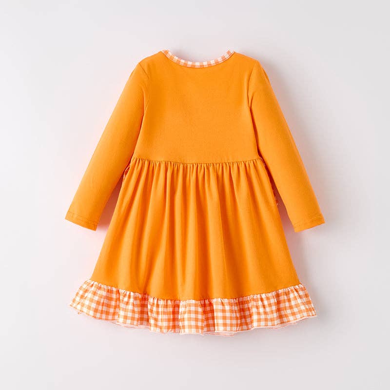Ready to Ship: Girls Halloween Pumpkin Chenille Patches Orange Long Sleeves Dress