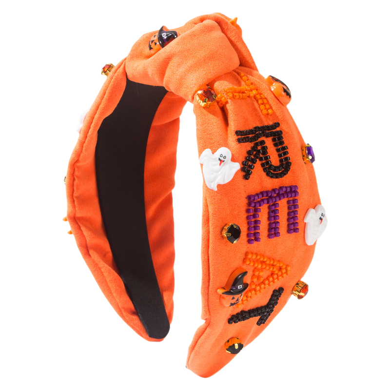 Halloween Fall Pumpkin Treat Skull Headband Seed Beads Rhinestones Pearl Knot