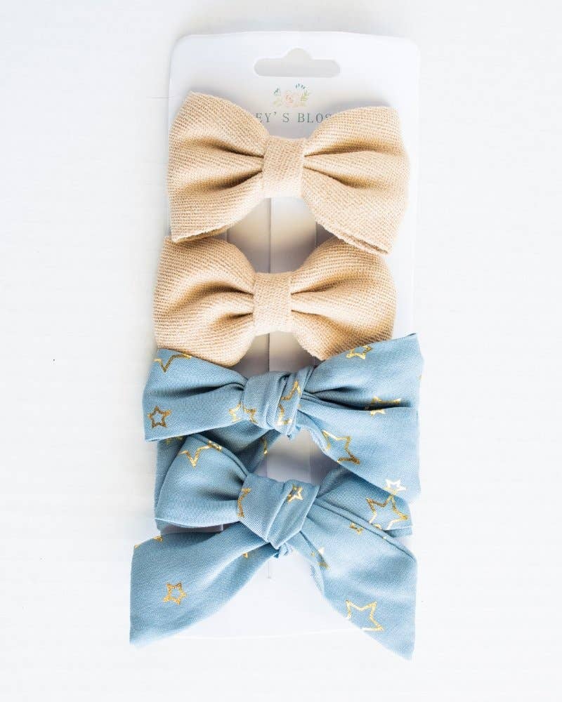 Junee Bea Bows Clip Pack - Beige and Blue &Gold Stars
