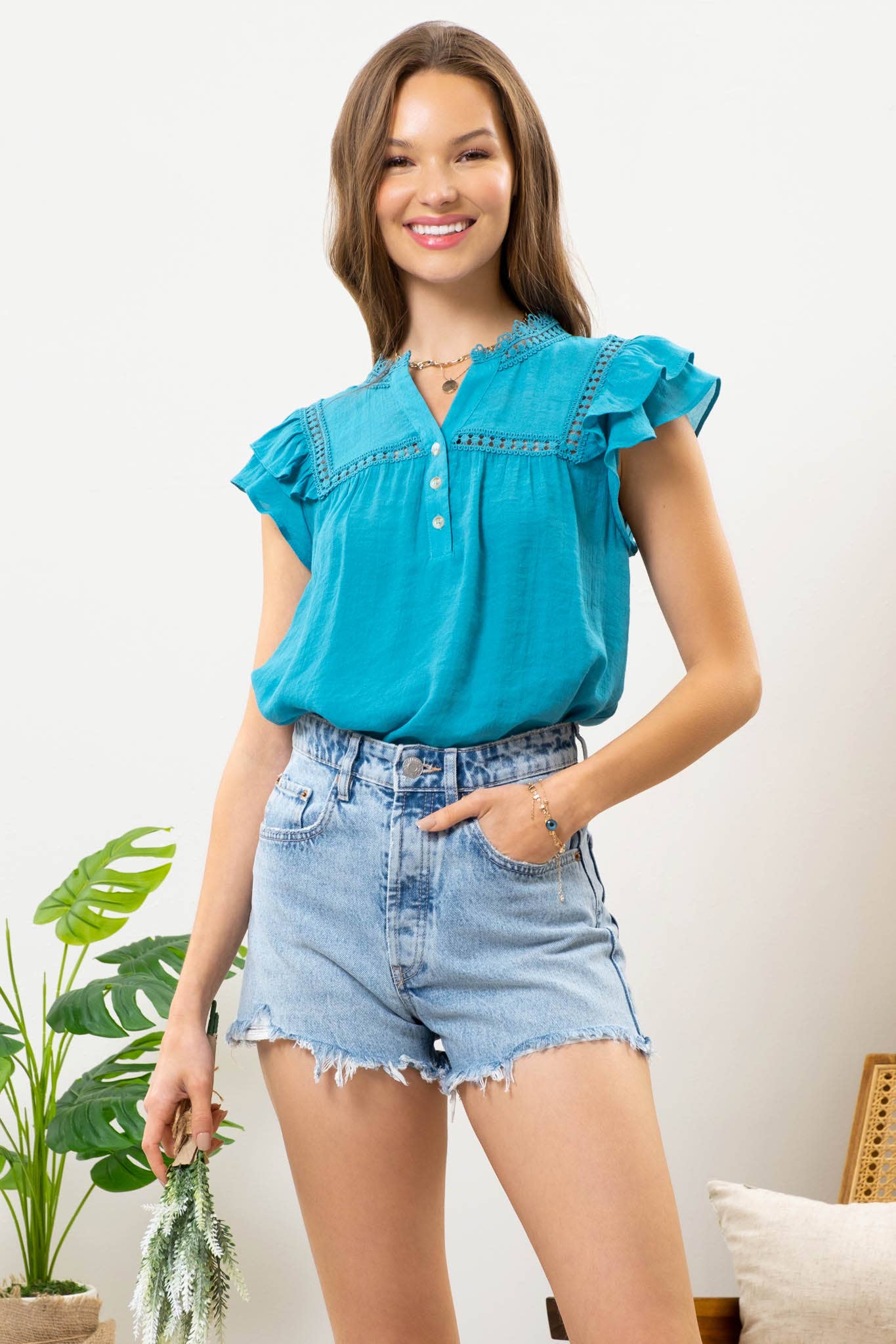 TEAL SOLID SPLIT NECK TOP