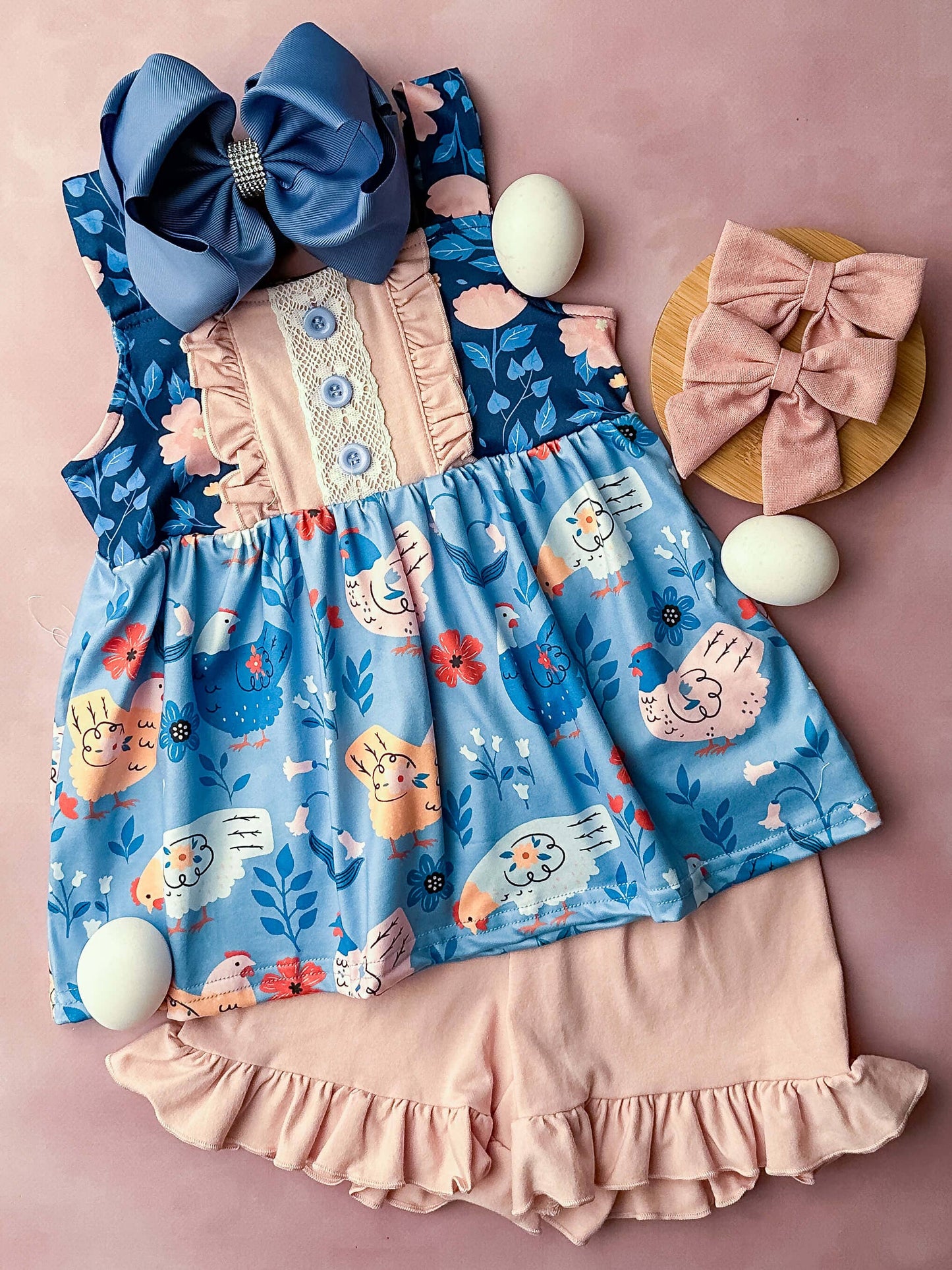 Blue Chicken Ruffled Shorts Set {RTS}