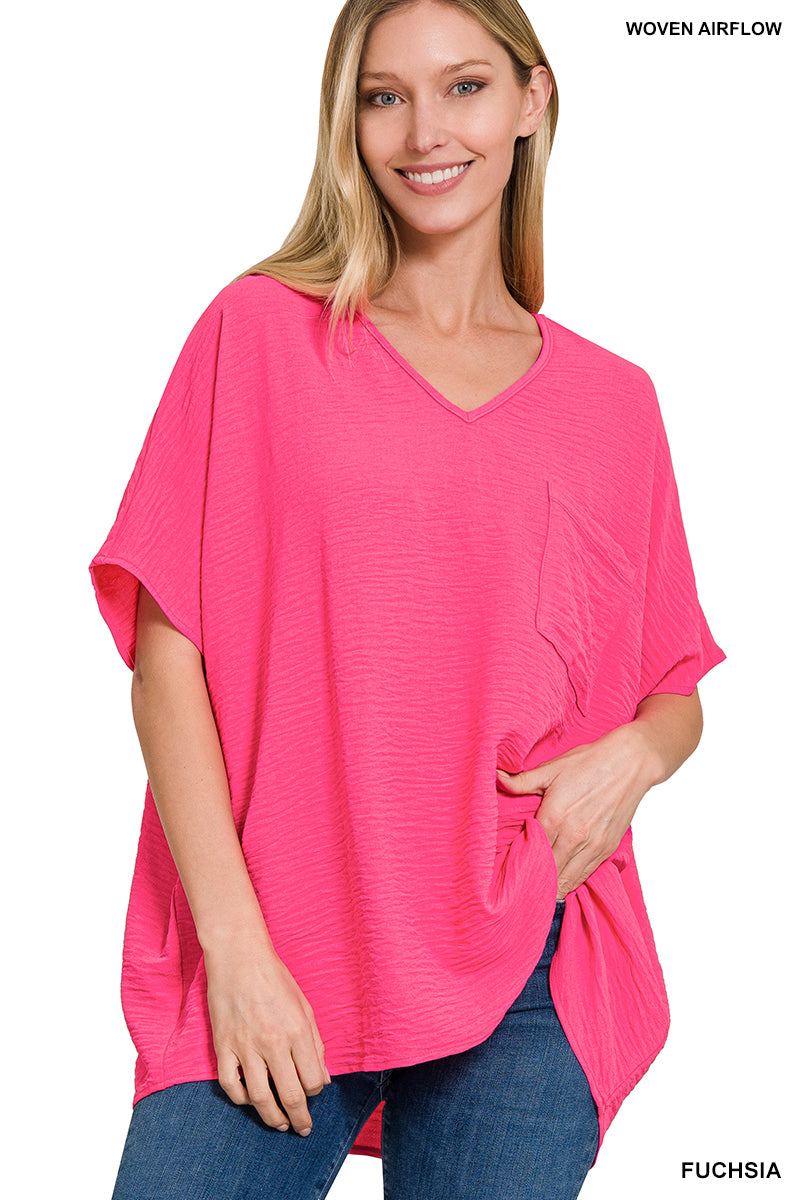 WOVEN AIRFLOW V-NECK DOLMAN SHORT SLEEVE TOP