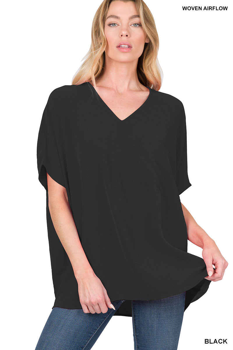 WOVEN AIRFLOW V-NECK DOLMAN SHORT SLEEVE TOP