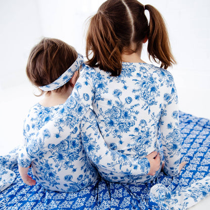 Something Blue Toile Damask Floral Bamboo Baby Pajamas Ruffle Convertible Footie {RTS}