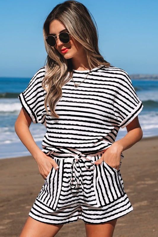 Ready to Ship: Black Striped Knitted Short Sleeve & Shorts Set