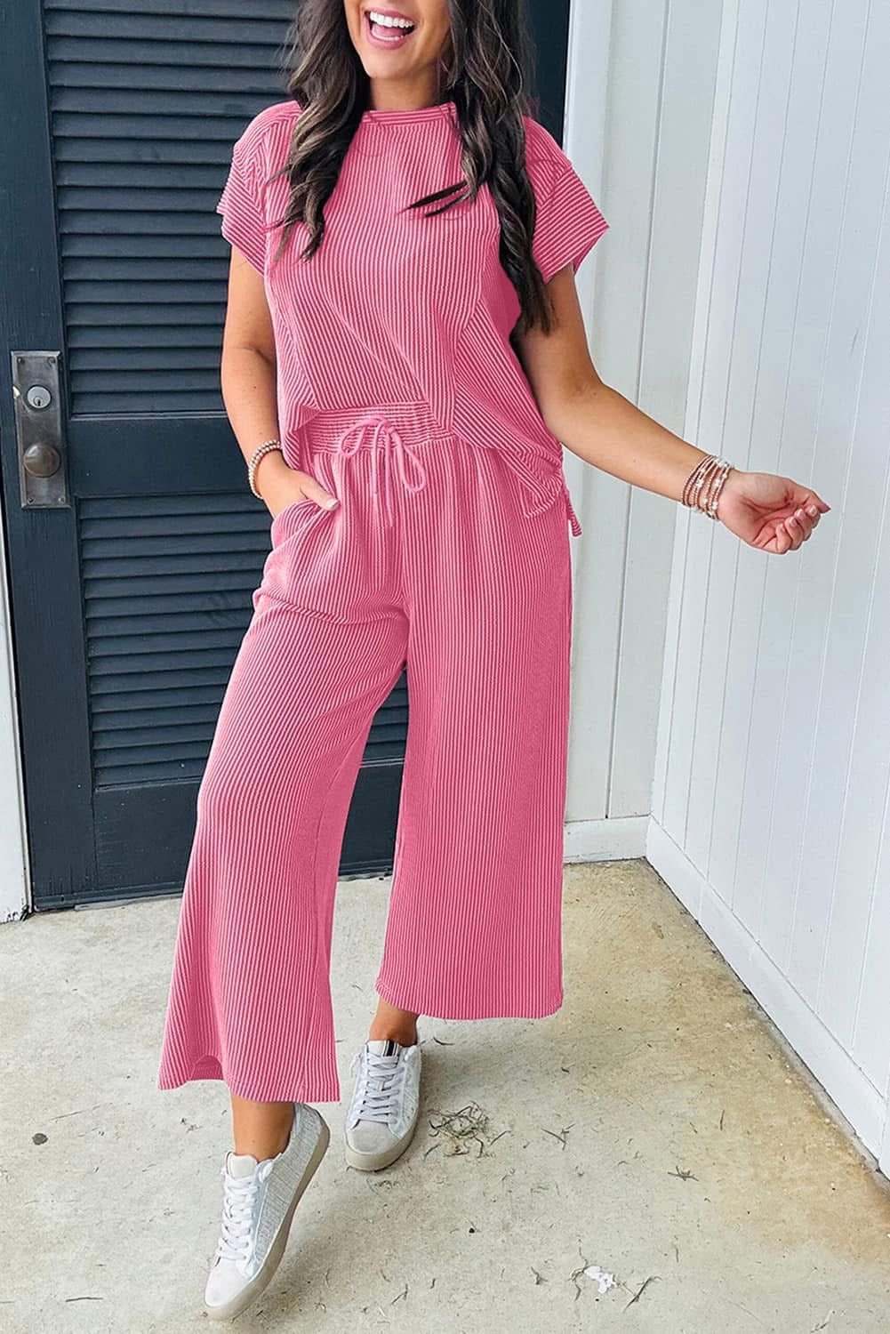⭐️ {PREORDER} Solid Corded Knit Short Sleeve Shirt & Pants Set ⭐️