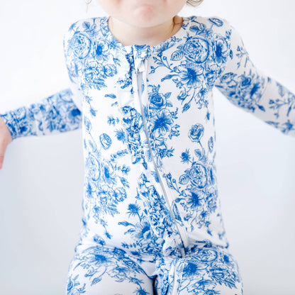 Something Blue Toile Damask Floral Bamboo Baby Pajamas Ruffle Convertible Footie {RTS}