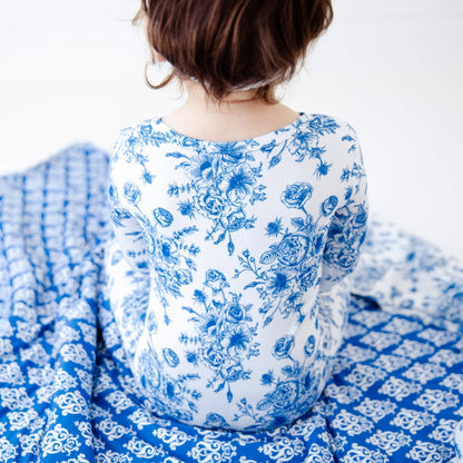 Something Blue Toile Damask Floral Bamboo Baby Pajamas Ruffle Convertible Footie {RTS}