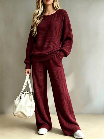 Pre-Order: Knit Ribbed Long Sleeve Top & Wide Leg Pants Set