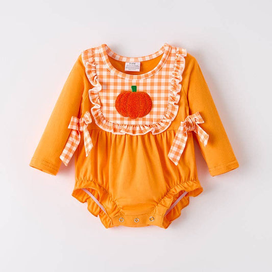 Ready to Ship: Baby Girls Halloween Pumpkin Chenille Patches Long Sleeves Romper