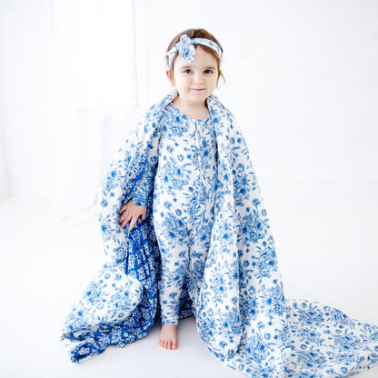 Something Blue Toile Damask Floral Bamboo Baby Pajamas Ruffle Convertible Footie {RTS}