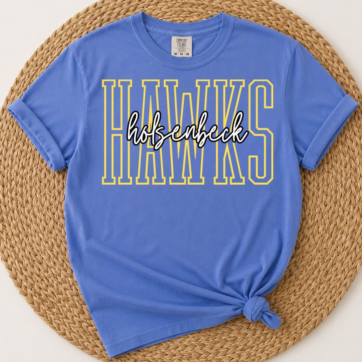 Pre-Order: School Spirit Mascot Tee Holsenbeck Hawks Flo Blue