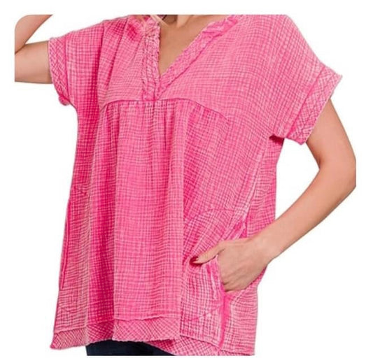 Hot Pink Washed Double Gauze Top {RTS}
