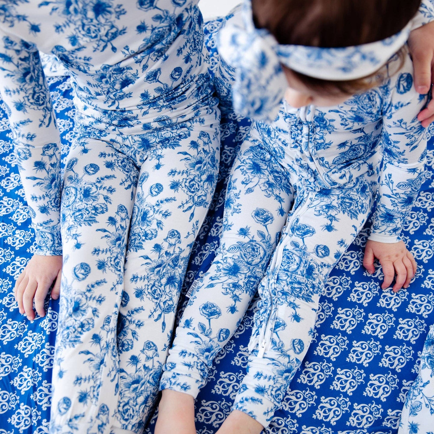 Something Blue Toile Damask Floral Bamboo Baby Pajamas Ruffle Convertible Footie {RTS}