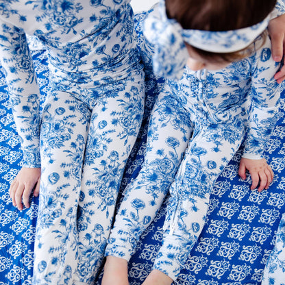 Something Blue Toile Damask Floral Bamboo Baby Pajamas Ruffle Convertible Footie {RTS}