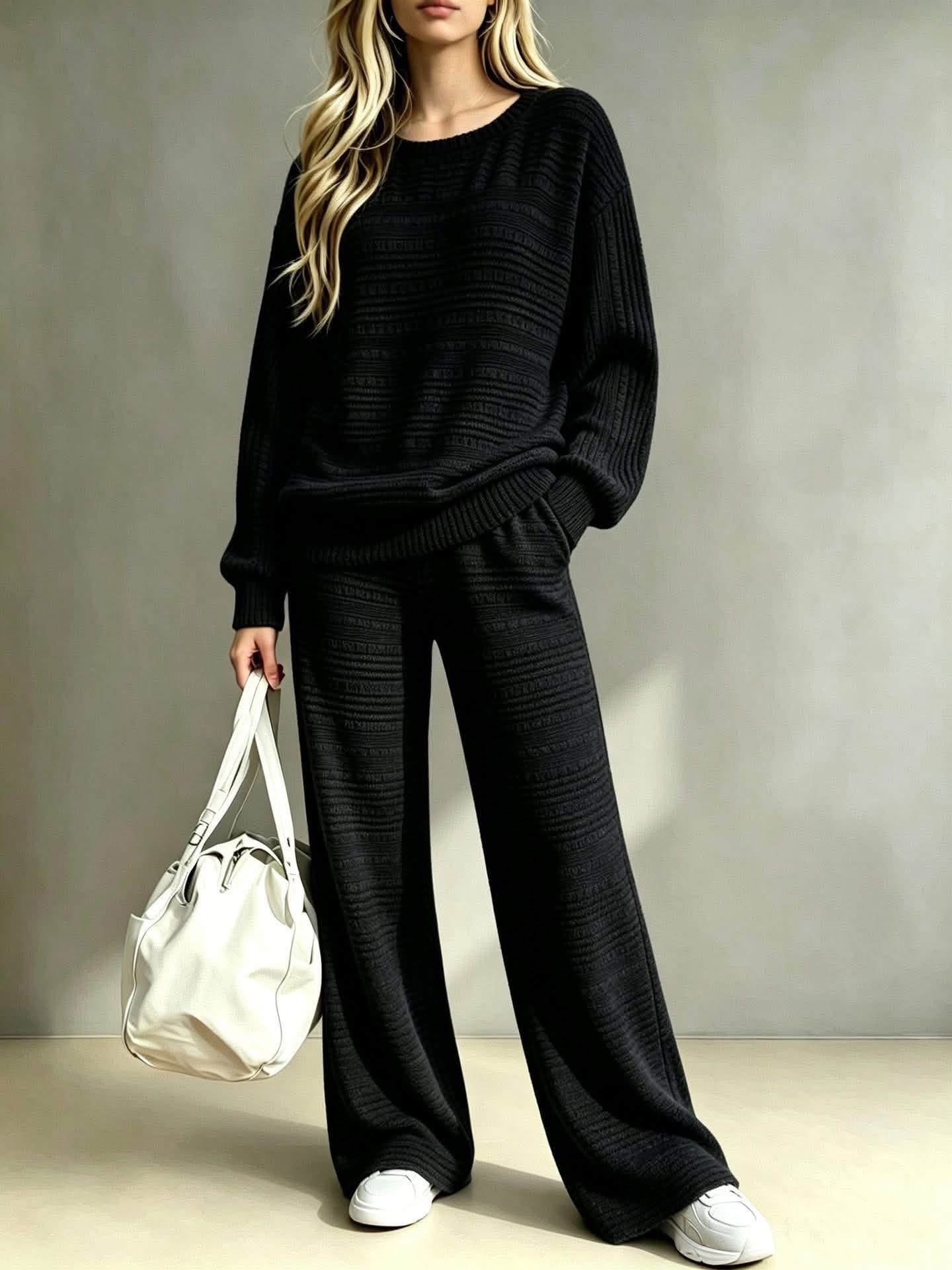 Pre-Order: Knit Ribbed Long Sleeve Top & Wide Leg Pants Set