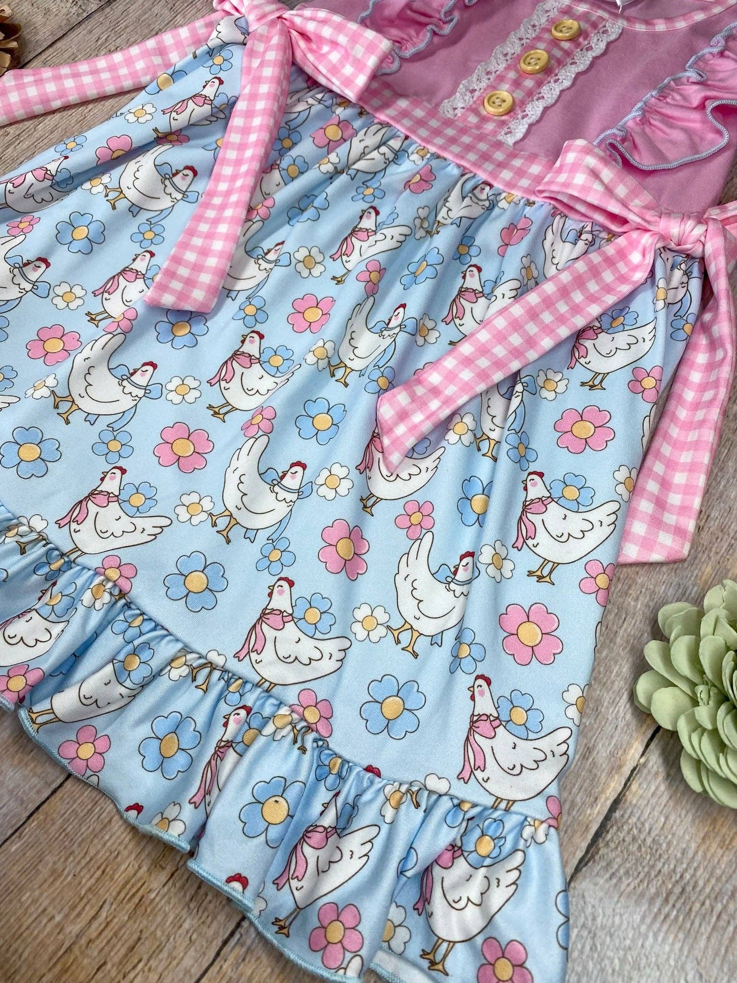 Ready To Ship: Pink Chicken & Floral Ruffle Dress - Salt Threads