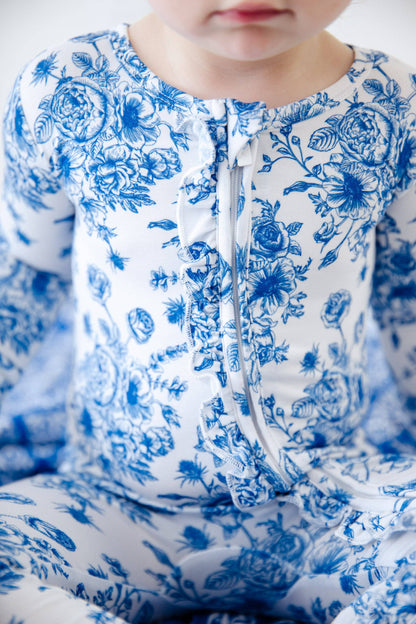 Something Blue Toile Damask Floral Bamboo Baby Pajamas Ruffle Convertible Footie {RTS}