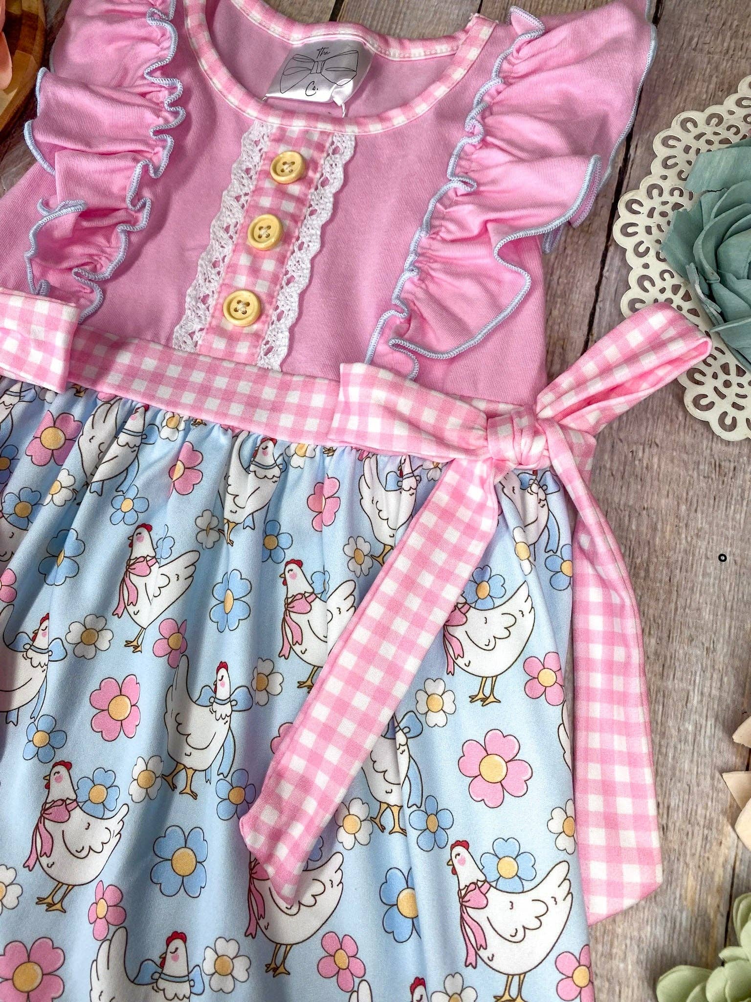 Ready To Ship: Pink Chicken & Floral Ruffle Dress - Salt Threads