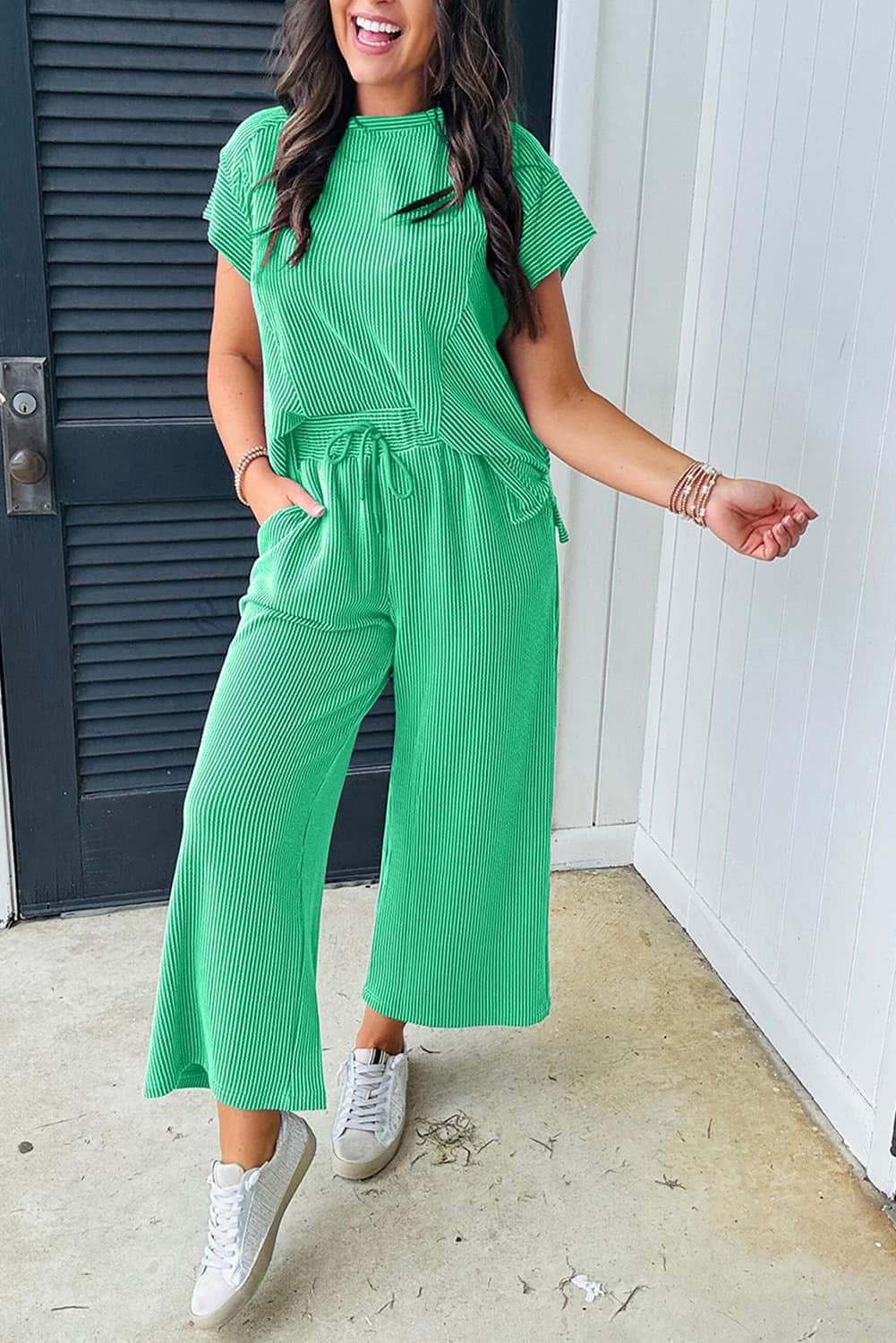 ⭐️ {PREORDER} Solid Corded Knit Short Sleeve Shirt & Pants Set ⭐️