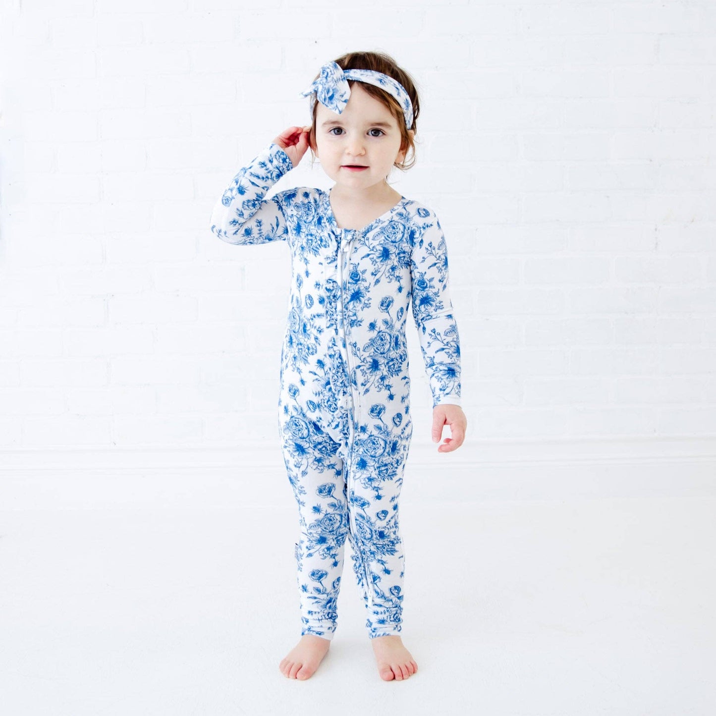 Something Blue Toile Damask Floral Bamboo Baby Pajamas Ruffle Convertible Footie {RTS}