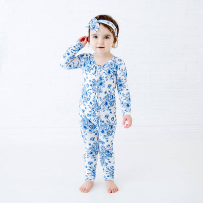 Something Blue Toile Damask Floral Bamboo Baby Pajamas Ruffle Convertible Footie {RTS}