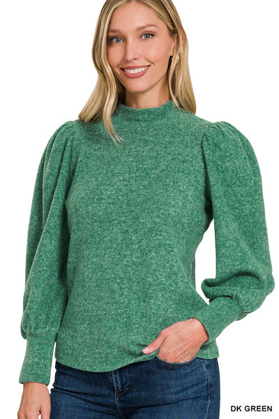 BRUSHED MELANGE HACCI PUFF SLEEVE MOCKNECK SWEATER