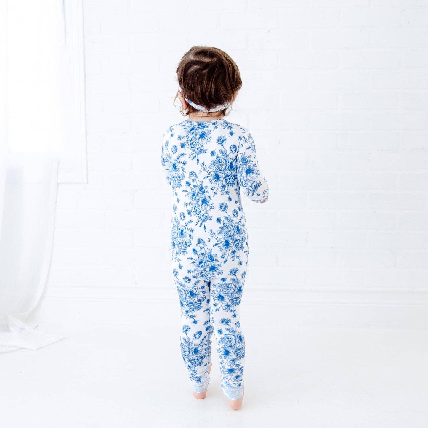 Something Blue Toile Damask Floral Bamboo Baby Pajamas Ruffle Convertible Footie {RTS}